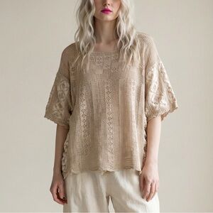 Vintage Danish Handmade Cream Tan Crochet Tunic Blouse
cottagecore Boho Grandma